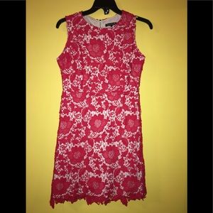 Red floral open pattern over beige size XL dress
